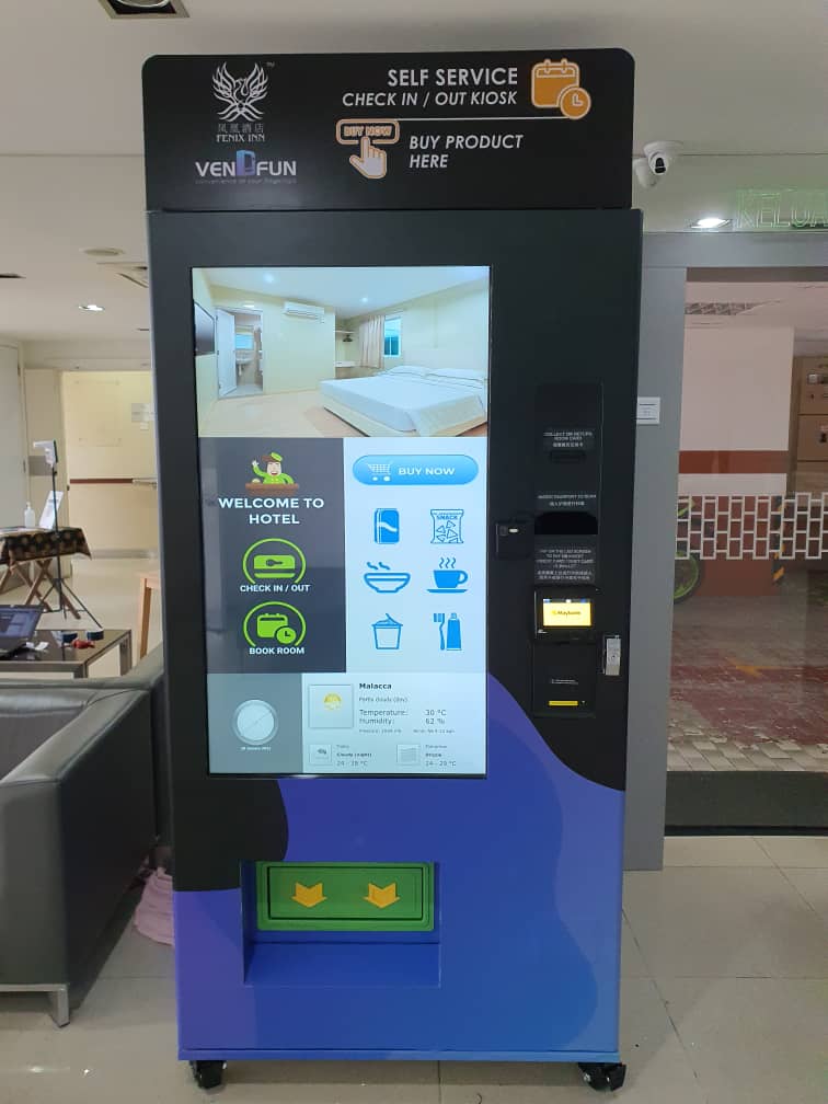 Hotel vending kiosk for self-service check in / check out and selling essential necessities